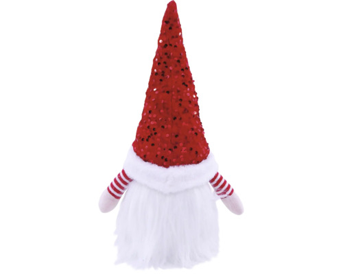 Weihnachts-Wichtel mit roter Pailletten-Mütze, weißem Bart und rot-weiß gestreiften Armen aus Plüsch.