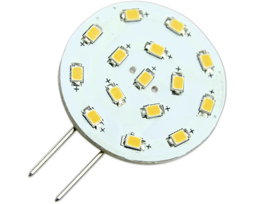 LED-Leuchtmittel mit G4-Stiftsockel und mehreren LED-Chips auf einer kreisförmigen Platine.