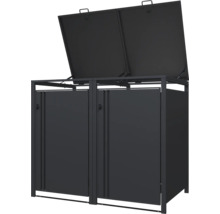 Mülltonnenbox für zwei Tonnen aus Metall in Anthrazit mit zwei geöffneten Klappdeckeln und zwei geschlossenen Fronttüren.
