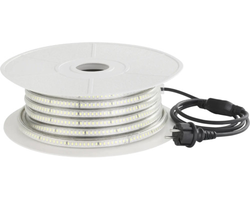 LED-Streifen auf einer Spule mit Stromkabel und Stecker.