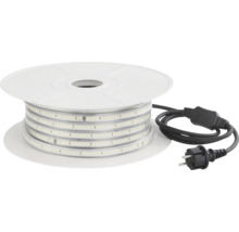 LED-Lichtschlauch auf weißer Spule mit schwarzem Netzkabel und Stecker.