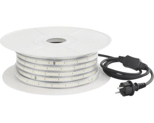 LED-Lichtschlauch auf weißer Spule mit schwarzem Netzkabel und Stecker.