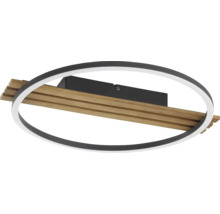 Moderne LED Deckenleuchte in ovaler Ringform mit dekorativen Holzlamellen und schwarzem Metallrahmen.