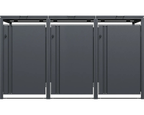 Mülltonnenbox aus Metall für drei Mülltonnen.