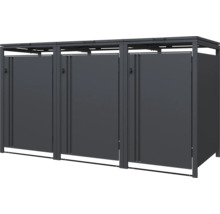 Dreifach-Mülltonnenbox aus Metall in Anthrazit mit drei Türen und Klappdeckeln.