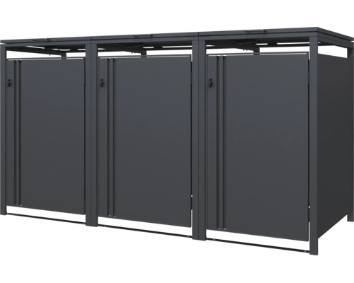 Dreifach-Mülltonnenbox aus Metall in Anthrazit mit drei Türen und Klappdeckeln.