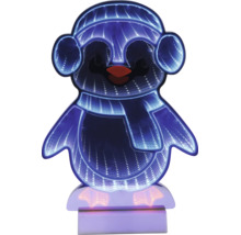 LED-Pinguin mit Unendlichkeitseffekt, Mütze und Schal, blau leuchtend.