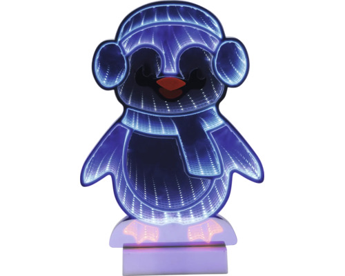 LED-Pinguin mit Unendlichkeitseffekt, Mütze und Schal, blau leuchtend.