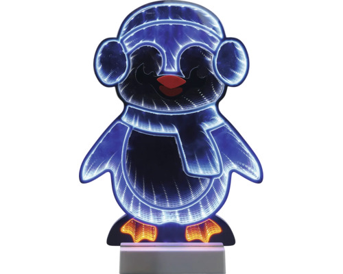LED-Dekoleuchte in Pinguinform mit Unendlichkeitsspiegeleffekt, Mütze und Schal.