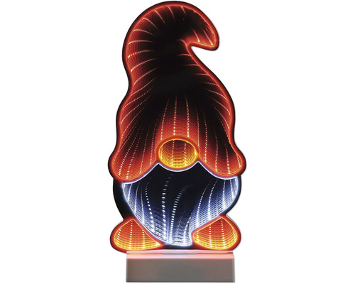 LED-Dekoleuchte in Wichtelform mit 3D-Unendlichkeitseffekt auf einem Standfuß.