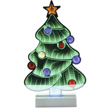 Weihnachtsbaum-LED-Leuchte mit Unendlichkeitseffekt, Sternspitze und bunten Lichtkugeln auf weißem Sockel.