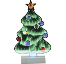 LED-Weihnachtsbaum mit Infinity-Mirror-Effekt, Stern und bunten Lichtern auf weißem Sockel.