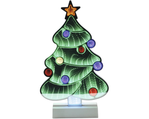 LED-Weihnachtsbaum mit Infinity-Mirror-Effekt, Stern und bunten Lichtern auf weißem Sockel.