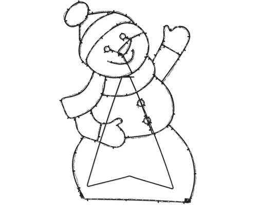 LED-Weihnachtsfigur winkender Schneemann mit Hut und Schal, Metallgestell mit Lichterkette für den Außenbereich.