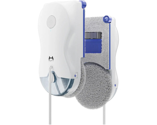 Hutt Fensterreinigungsroboter mit Wassertank und Mikrofaser-Reinigungspads.