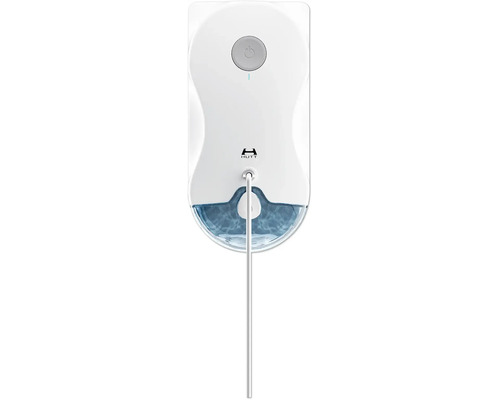 HUTT Fensterreinigungsroboter mit transparentem Wassertank und Einschaltknopf.