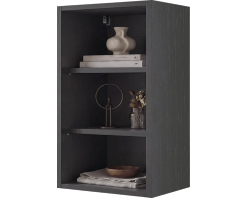 Dunkelgraues offenes Regal mit Holzstruktur und drei Fächern, dekoriert mit Büchern, einer Vase und einer Schale.