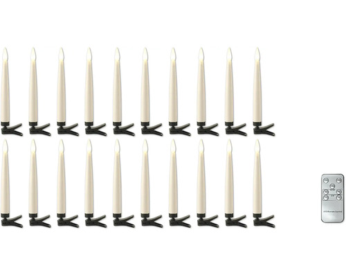 20-teiliges Set LED-Christbaumkerzen mit Fernbedienung und Halteclips.