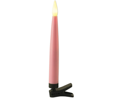 LED-Christbaumkerze mit Clip, rosa, warmweiß leuchtende Flamme.