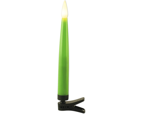 Kabellose LED-Christbaumkerze in Grün mit Befestigungsclip für den Weihnachtsbaum.