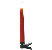 LED-Christbaumkerze mit Befestigungsclip, rot, aus Kunststoff mit flammförmigem Leuchtmittel.