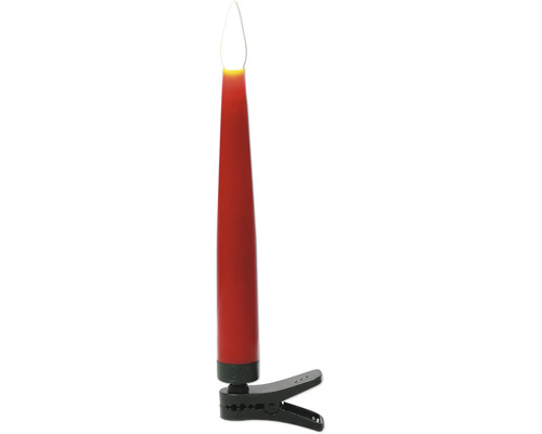 LED-Christbaumkerze mit Befestigungsclip, rot, aus Kunststoff mit flammförmigem Leuchtmittel.