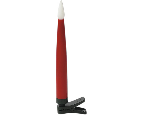 Rote LED-Christbaumkerze mit flammförmiger Spitze und schwarzem Befestigungsclip.