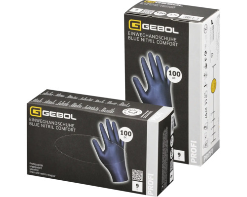 Zwei Packungen Gebol Einweghandschuhe Blue Nitril Comfort, Nitril, 100 Stück, Größe 9 Large, puderfrei, latexfrei, beidhändig tragbar.