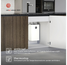 Kleinspeicher im Küchenunterschrank unter einer Spüle mit Armatur, Red Dot Winner 2023 Logo, Funktionen Antitropf und Thermostop.