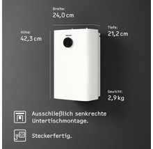 Stiebel Eltron Kleinspeicher, 42,3 mal 24,0 mal 21,2 Zentimeter, 2,9 Kilogramm. Senkrechte Untertischmontage, steckerfertig. Stiebel Eltron Logo.