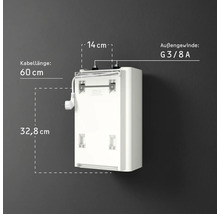 Weißer Warmwasserspeicher: Kabellänge 60 Zentimeter, Höhe 32,8 Zentimeter, Anschlussabstand 14 Zentimeter, Außengewinde G 3/8 A.