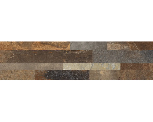Wandverblender in Natursteinoptik mit einer strukturierten Oberfläche aus verschiedenen rechteckigen Steinriemchen.