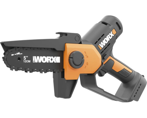 Akku-Einhand-Kettensäge Worx mit 12 Zentimeter Schwertlänge für Gartenarbeiten.