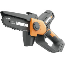 Worx Akku-Gehölzschneider in Orange und Grau mit 12 Zentimeter Schwertlänge, Handschutz und Power Share Akkusystem.