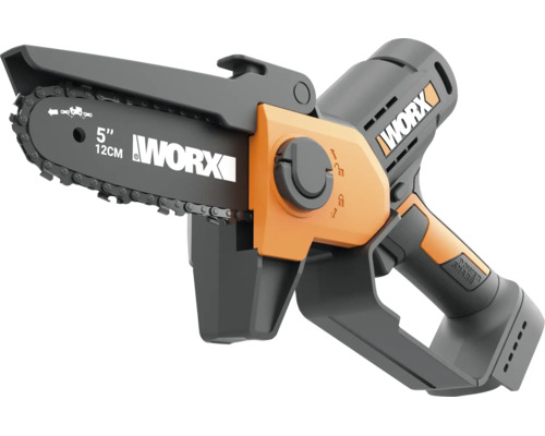 Worx Akku-Gehölzschneider in Orange und Grau mit 12 Zentimeter Schwertlänge, Handschutz und Power Share Akkusystem.