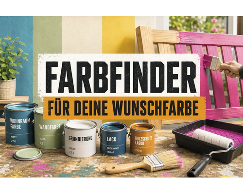 Farbfinder für deine Wunschfarbe: Verschiedene Farbdosen, Pinsel und eine Farbrolle auf einem Holztisch vor einer Holzbank.