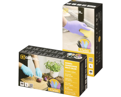 Gebol Einweg-Handschuhe Multi Color, 80 Stück, Größe L, puder- und latexfrei, besonders reißfest, in vier verschiedenen Farben.