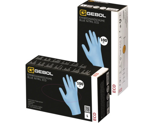 Gebol Einweghandschuhe Nitril Eco, 100 Stück, Größe L, puderfrei, latexfrei, texturierte Fingerspitzen, Gebol Logo.