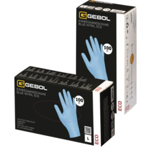 Gebol Einweghandschuhe Blue Nitril Eco, puderfrei und latexfrei, 100 Stück pro Packung, Gebol Logo.