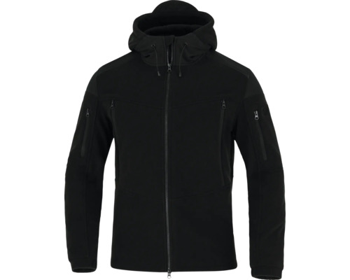 Schwarze Softshelljacke mit Kapuze, Frontreißverschluss und Taschen an Brust und Ärmeln.