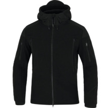 Schwarze Softshelljacke mit Kapuze, Frontreißverschluss und Taschen an Brust und Ärmeln.