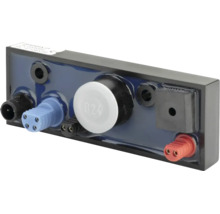 Elektronisches Steuermodul mit verschiedenen farbigen Anschlüssen und einem zentralen weißen runden Bauteil.