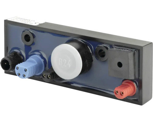 Elektronisches Steuermodul mit verschiedenen farbigen Anschlüssen und einem zentralen weißen runden Bauteil.