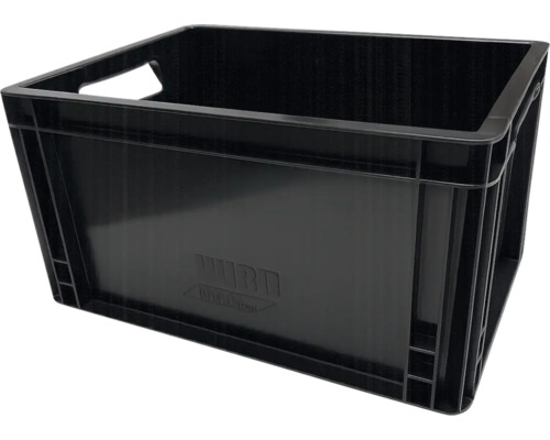 Stapelbare Eurobox aus schwarzem Kunststoff mit seitlichen Griffen für Lagerung und Transport.