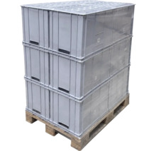 Stapel aus grauen Euroboxen auf einer Holzpalette, mit Klarsichtfolie umwickelt.