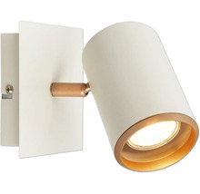 Weißer Wandspot mit zylindrischem Schirm, Gelenk in Kupferoptik und quadratischer Wandhalterung.