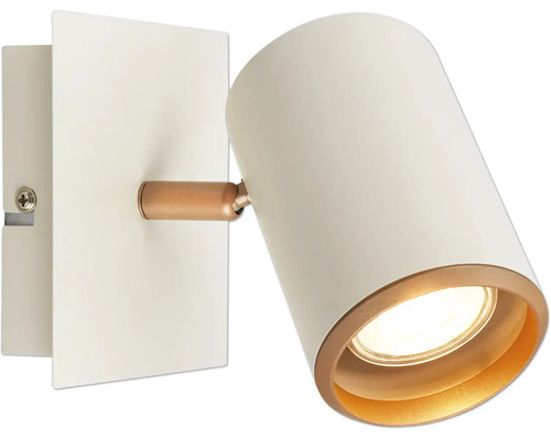 Weißer Wandspot mit zylindrischem Schirm, Gelenk in Kupferoptik und quadratischer Wandhalterung.