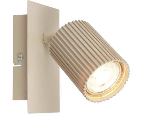Beigefarbener Wandstrahler mit geriffeltem Schirm und rechteckiger Wandplatte.