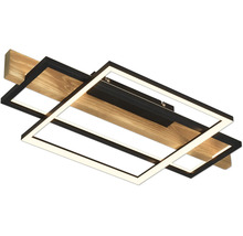 Moderne LED-Deckenleuchte mit Holzbalken und zwei schwarzen rechteckigen Metallrahmen.