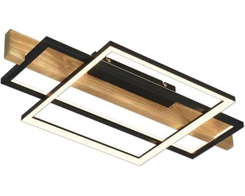 Moderne LED-Deckenleuchte mit Holzbalken und zwei schwarzen rechteckigen Metallrahmen.
